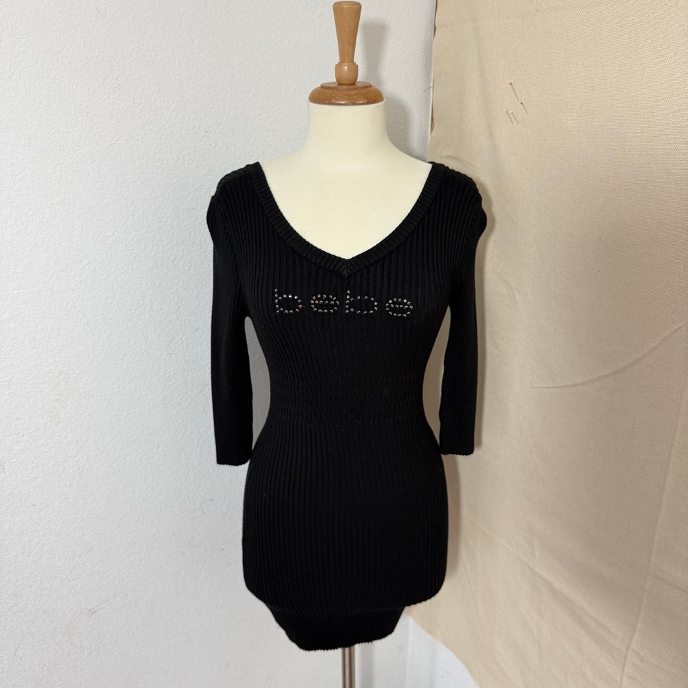 Bebe Womens Black Ribbed Knit Rhinestone Logo Bodycon Mini Dress XS V-Neck